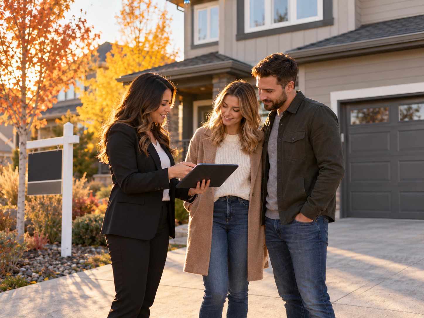 A REALTOR showing a tablet to a young couple on a driveway in front of an Airdrie home for sale, autumn leaves in the background