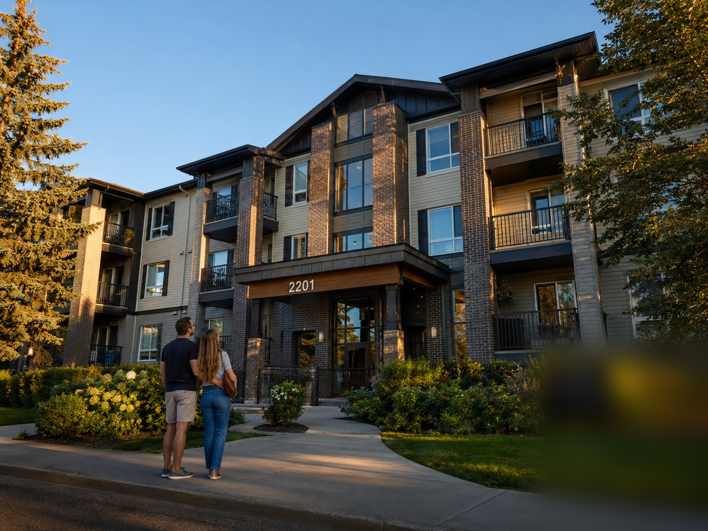 Young couple looking at a modern apartment building in Airdrie at golden hour