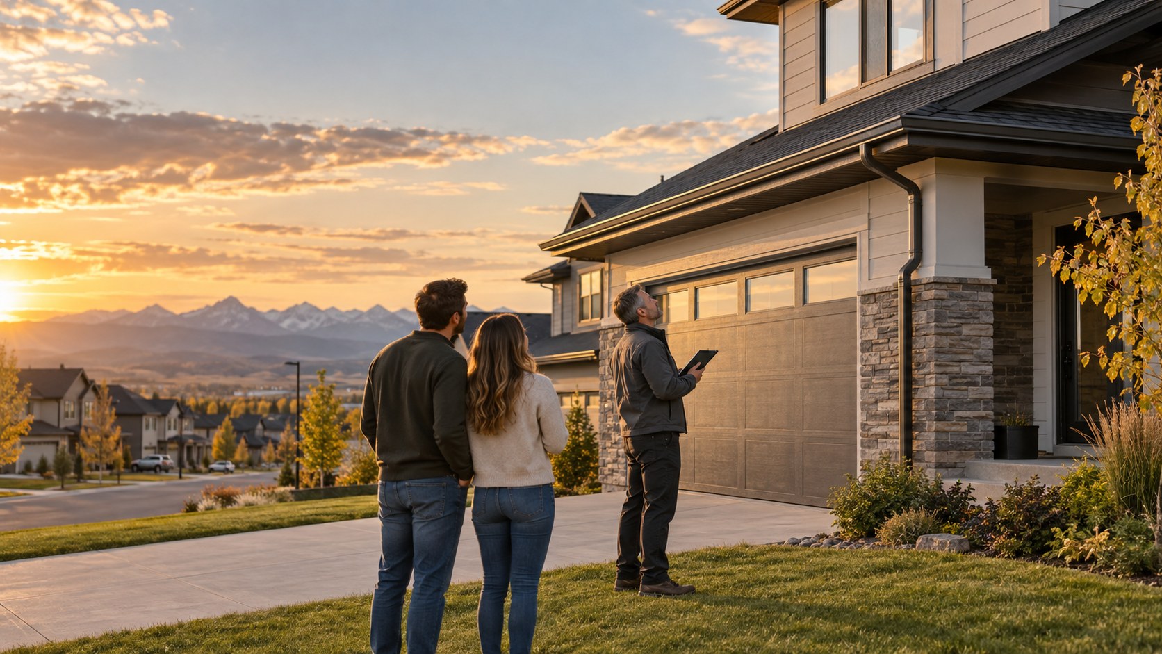 Home inspector with a tablet looking up at the roofline of a modern Airdrie home while a couple watches at sunset