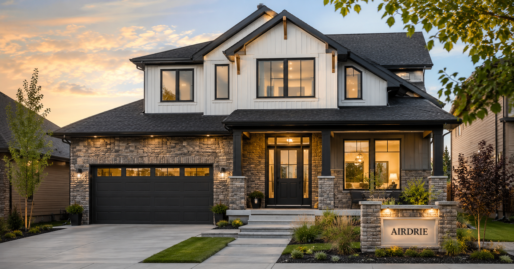 Beautiful Airdrie home at dusk with stone facade