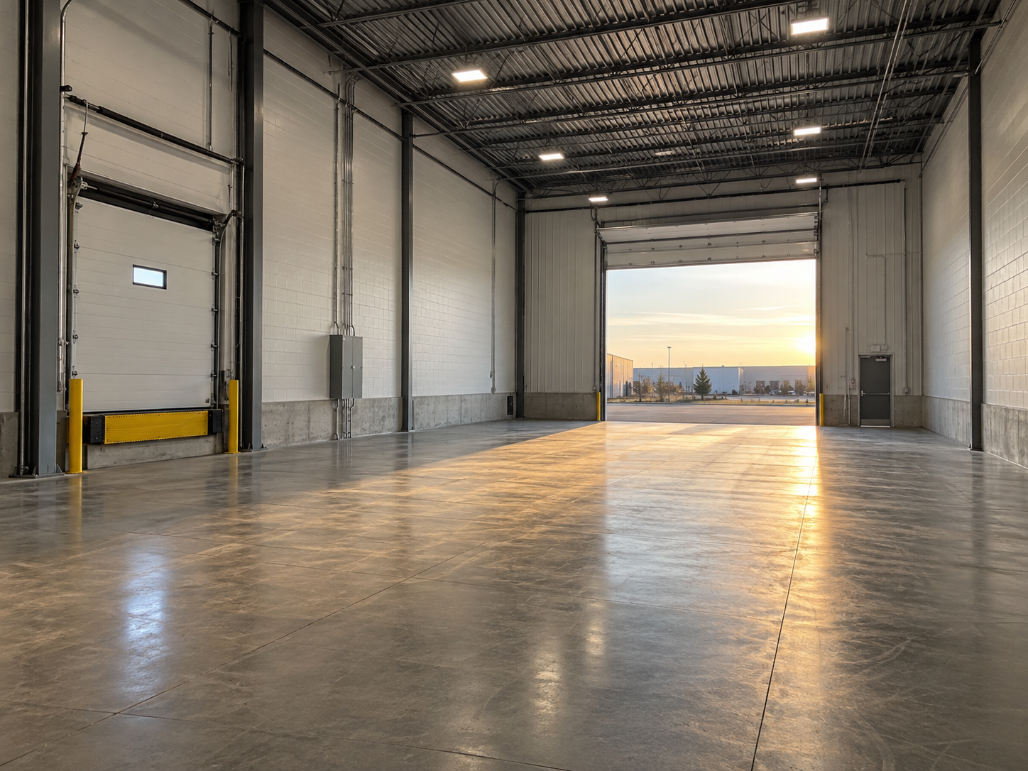 Empty modern industrial warehouse in Airdrie with open bay door and golden sunset light