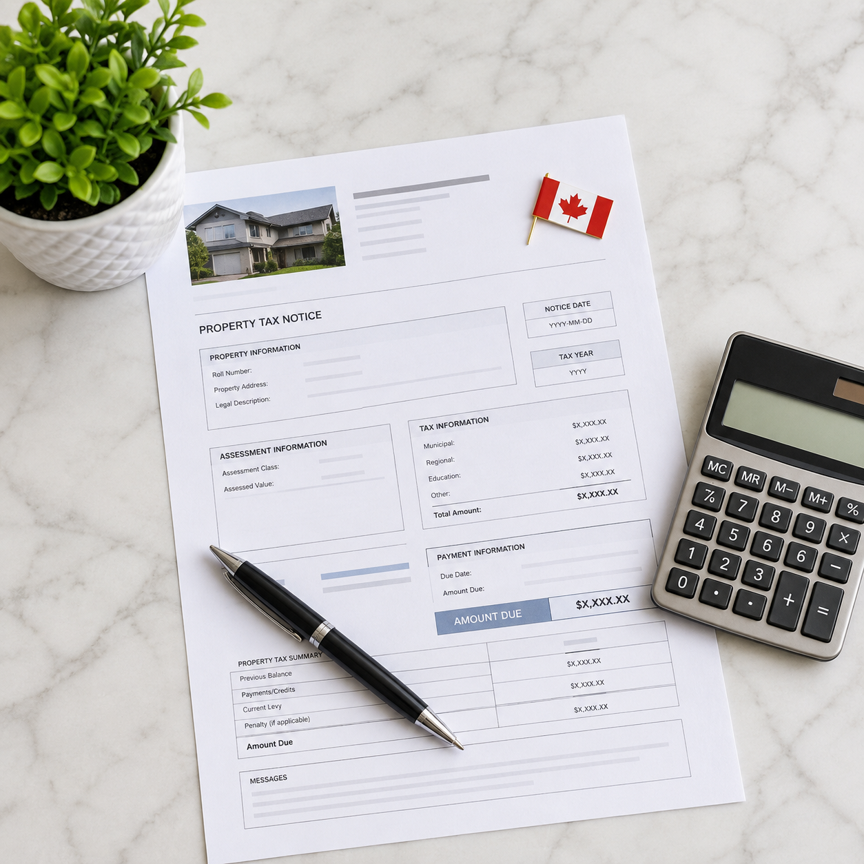 Property tax notice with Canadian flag, pen, and calculator on marble surface