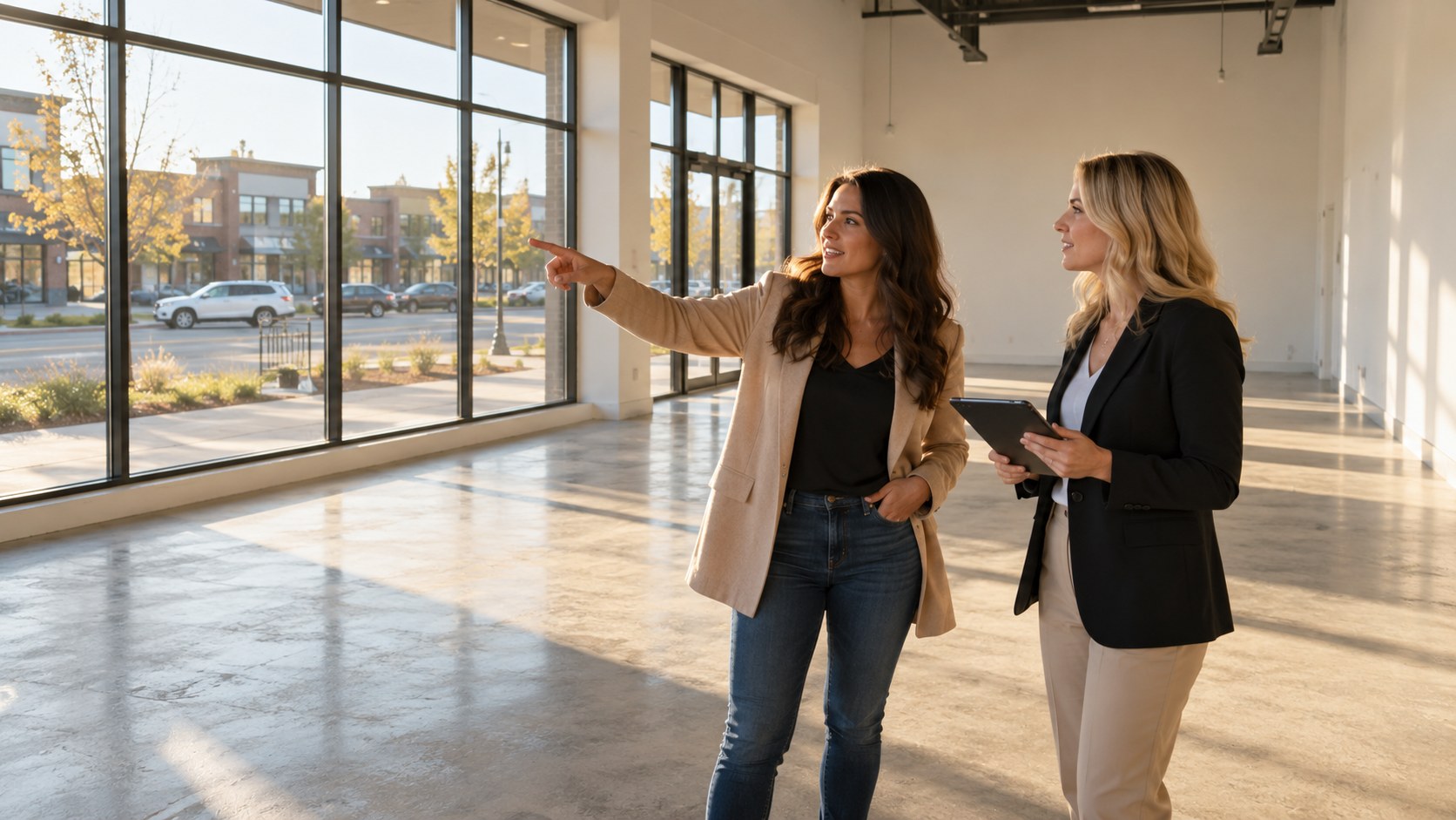 A business owner pointing out the storefront windows to a REALTOR holding a tablet inside an empty retail space in Airdrie