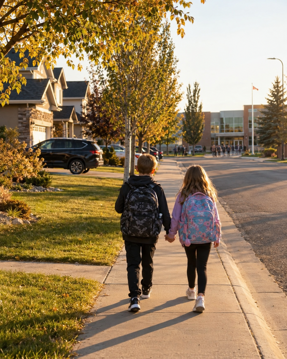 Two children walking hand in hand toward an Airdrie elementary school on a sunny morning