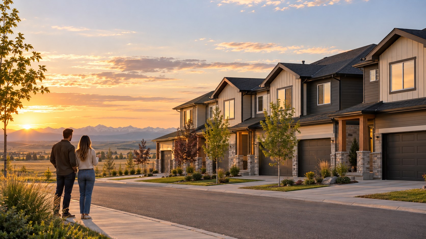 Couple standing on a sidewalk at sunset looking at a row of modern townhomes in Airdrie with the Rocky Mountain foothills behind