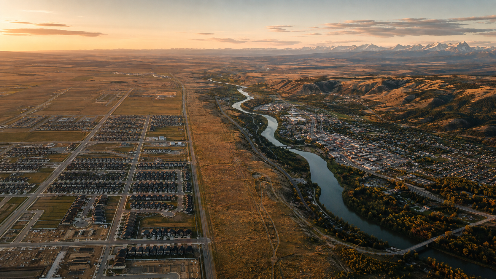 Aerial view contrasting Airdrie's prairie grid with Cochrane's river valley and foothills