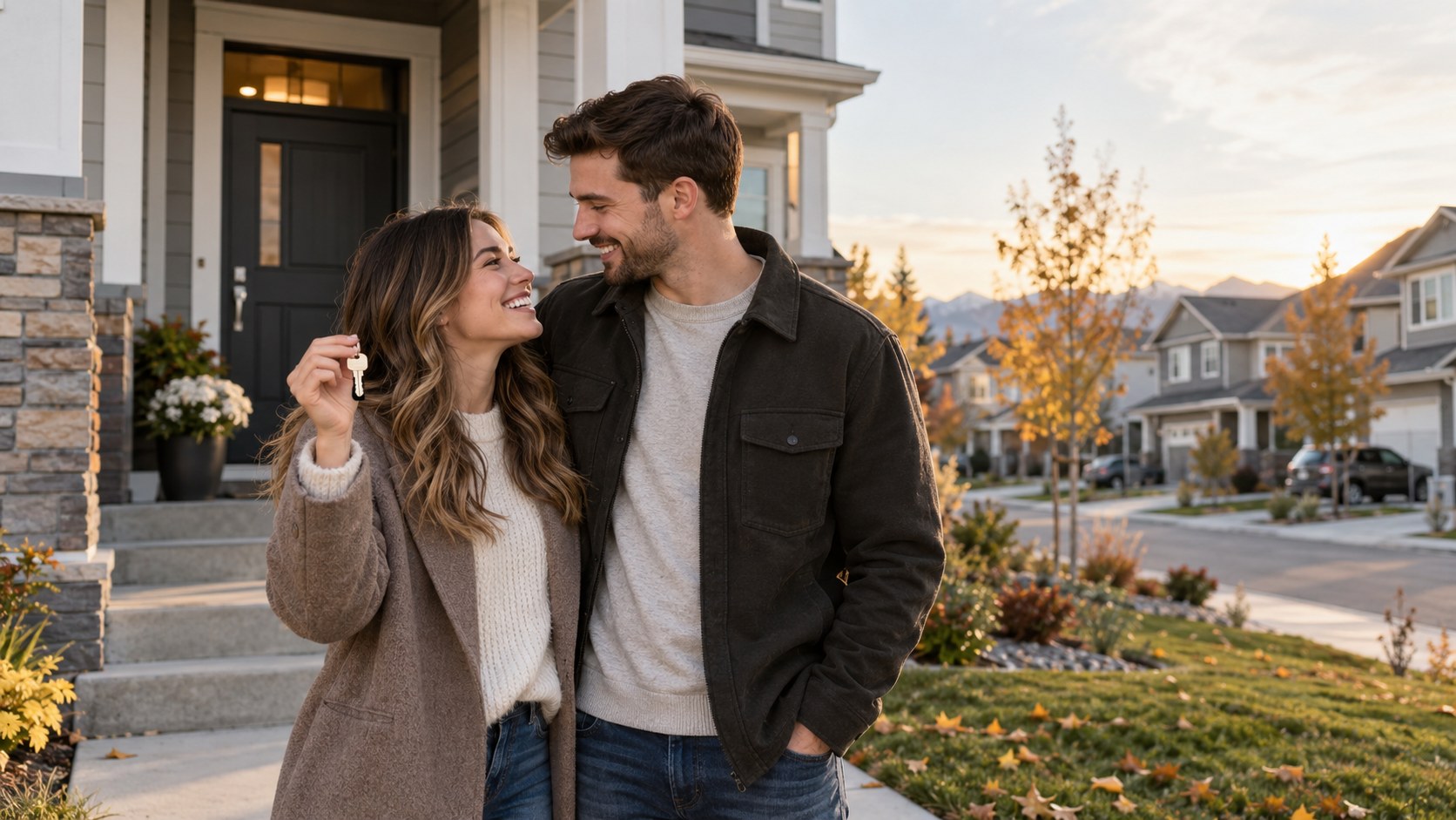 A happy young couple holding a new house key on the front step of their Airdrie home at sunset, with autumn trees and mountains in the background