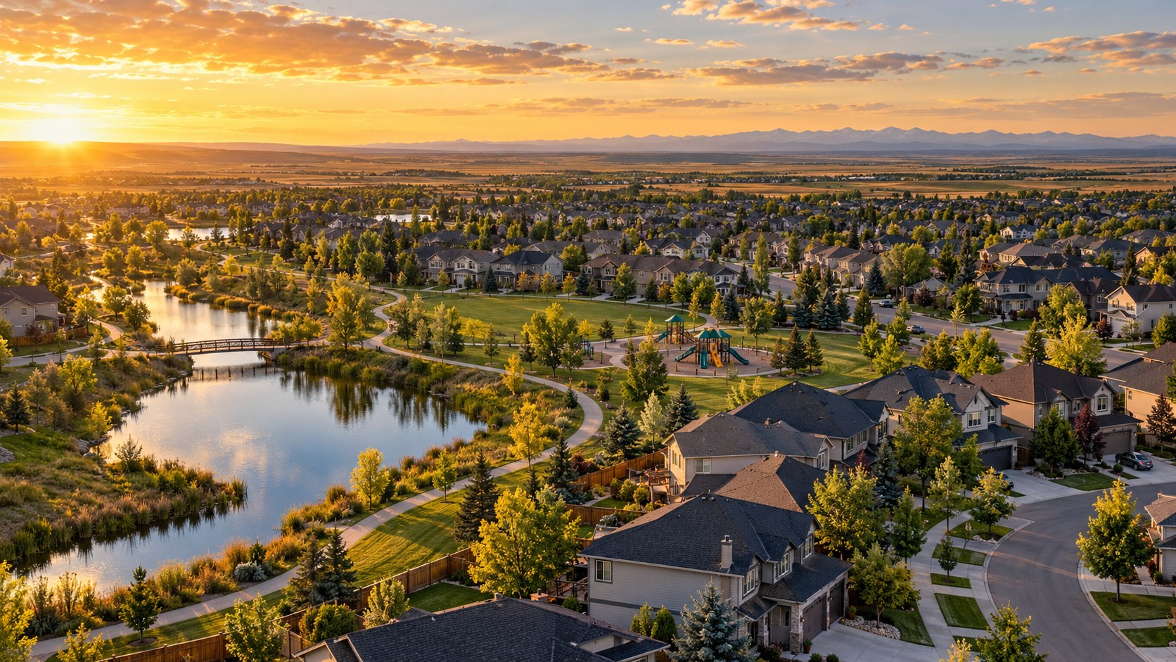 Aerial view over an Airdrie neighbourhood at sunset with a park, pond, and pathway winding through the homes