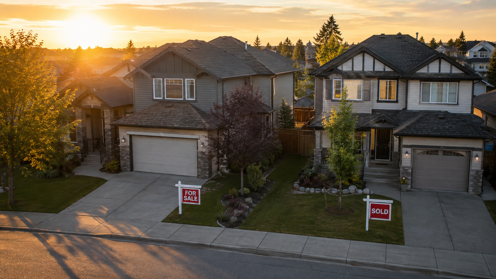 Two Airdrie homes side by side at golden hour — For Sale and Sold signs on their lawns