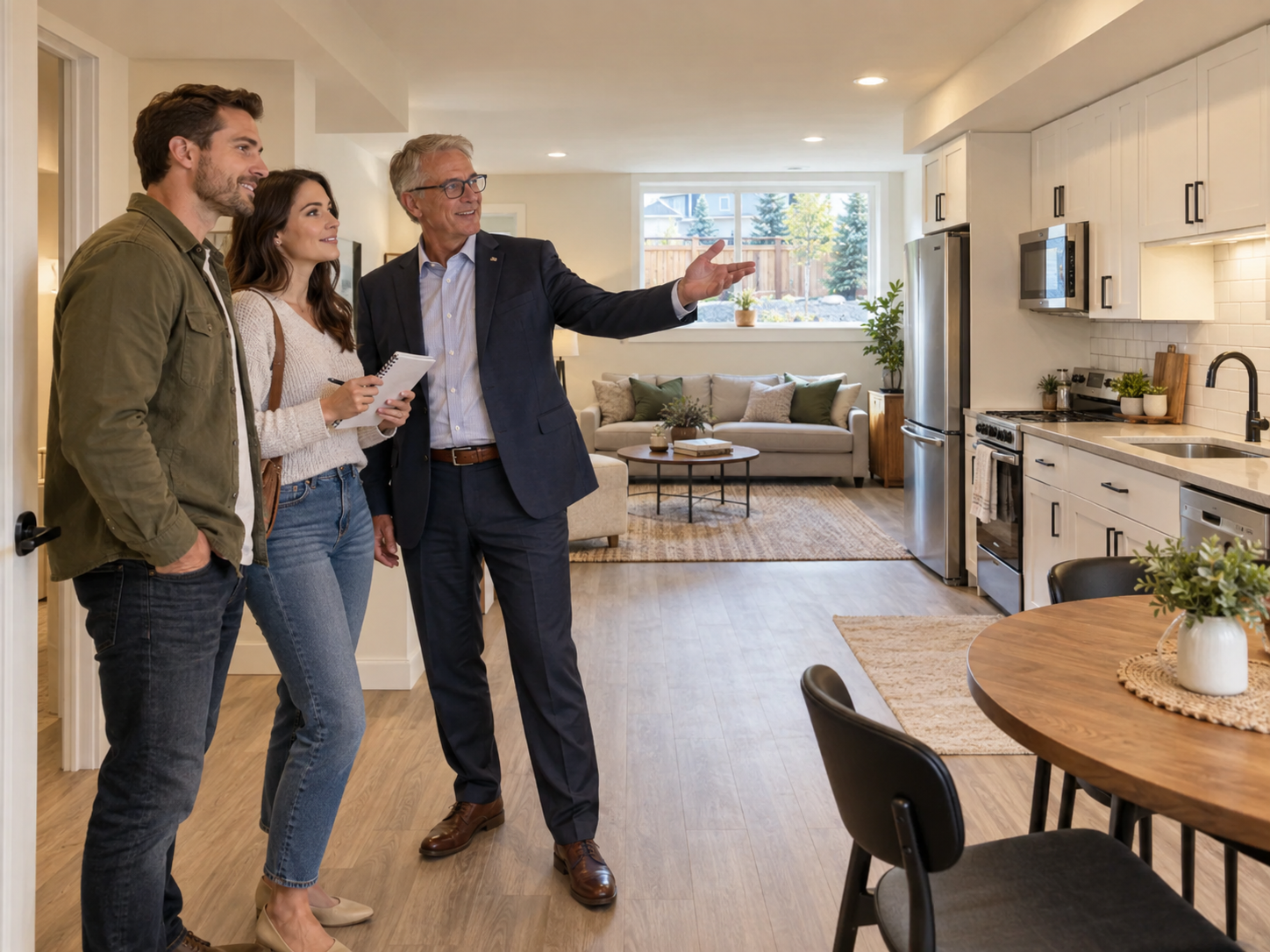 Real estate agent showing a young couple through a legal basement suite in Airdrie