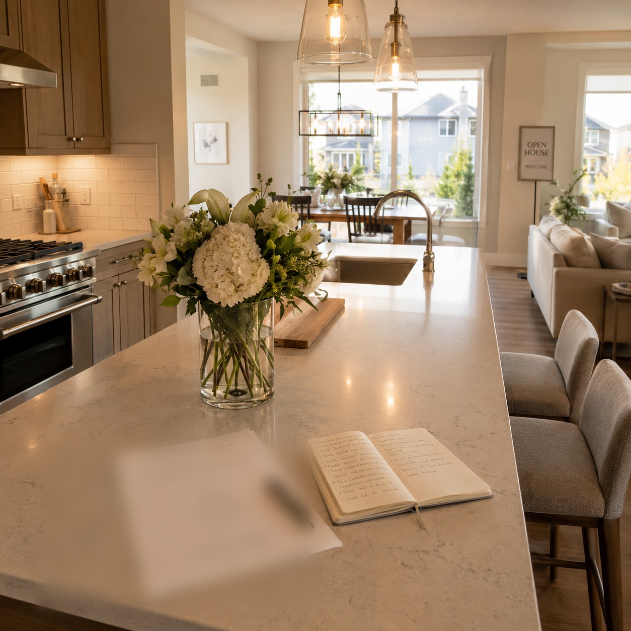 Beautifully staged kitchen in an Airdrie open house with flowers and notebook on the island