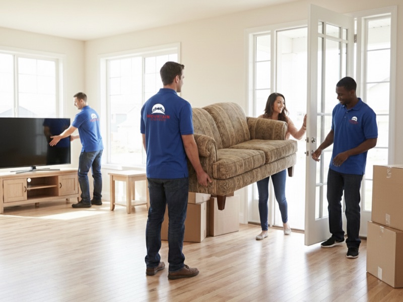 Movers carrying furniture into a bright new home in Airdrie