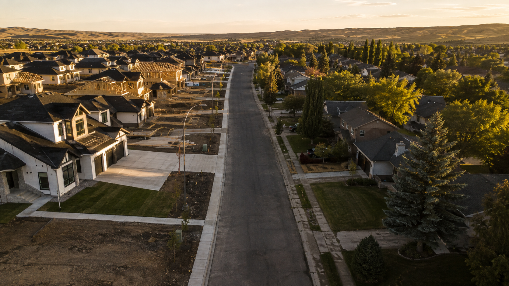 Aerial view showing new construction on the left and established neighbourhood on the right, divided by a street